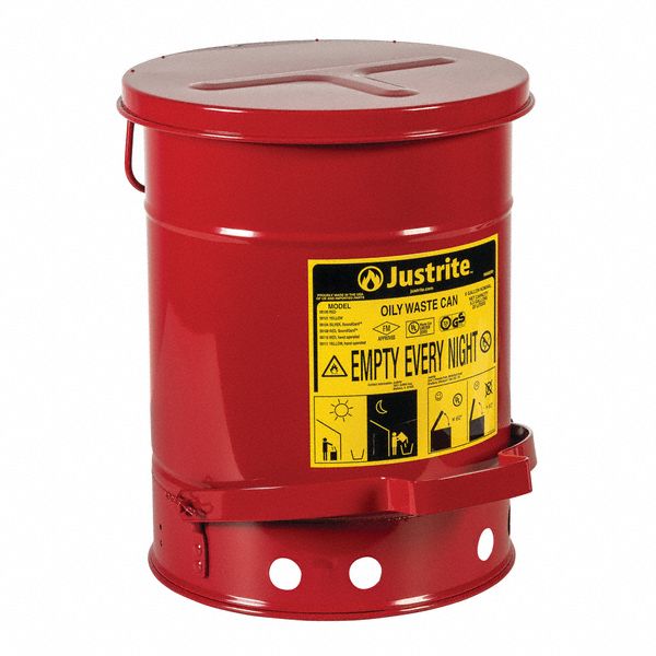 OILY WASTE CAN, 6 GALLON CAPACITY, FOOT-OPERATED SELF-CLOSE, RED