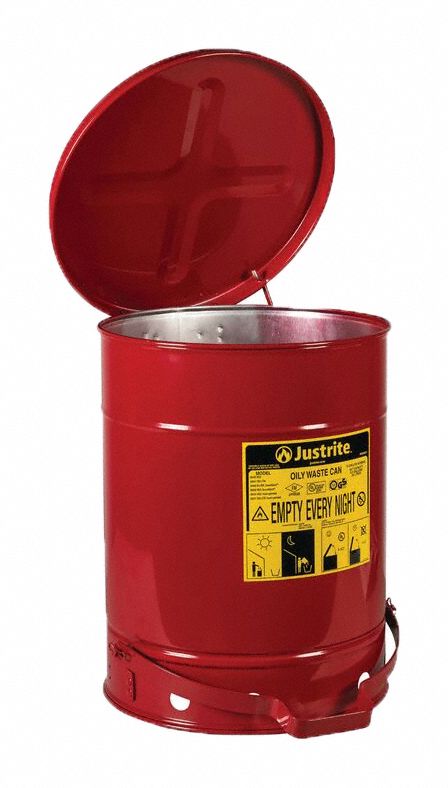 OILY WASTE CAN, 10 GALLON CAPACITY, FOOT-OPERATED SELF-CLOSE, RED