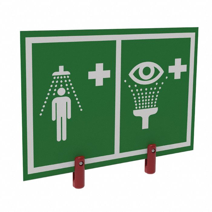 SHOWER/EYEWASH SIGN, UNIVERSAL, WITH 2 BRACKETS, WHITE/GREEN, 16 X 1 X 13 1/2 IN, PVC/PLASTIC