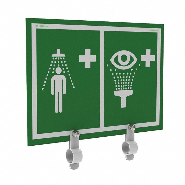 SHOWER/EYEWASH SIGN, UNIVERSAL, WITH 2 STEEL BRACKETS, WHITE/GREEN, 16 X 1 1/2 X 16 IN, PVC/STEEL