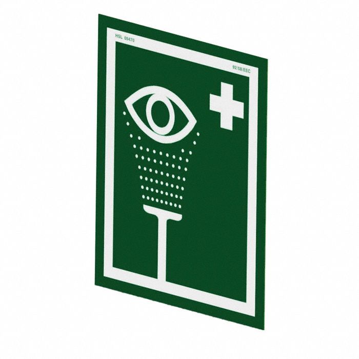 EYE/FACE WASH SIGN, UNIVERSAL, WALL MOUNT, BS EN ISO 7010, WHITE/GREEN, 10 X 12 IN, PVC