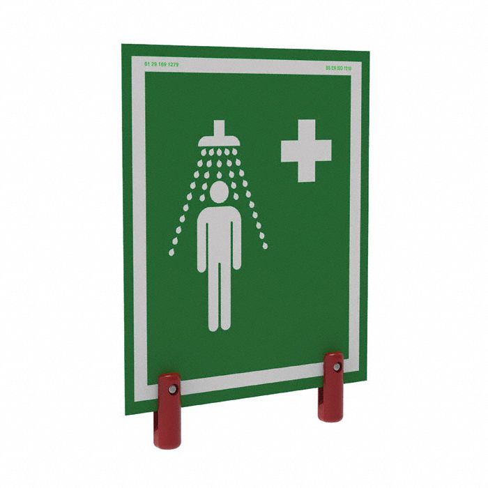 SAFETY SHOWER SIGN, WITH BRACKETS, BE EN ISO 7010, WHITE/GREEN, 10 X 1 X 13 1/2 IN, PVC