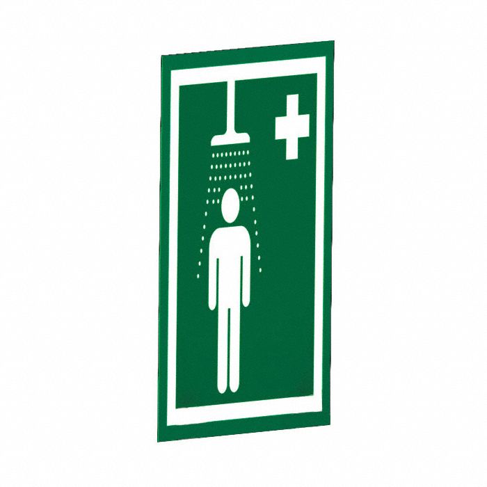 SAFETY SHOWER PICTOGRAM, WALL MOUNT, BS EN ISO 7010, WHITE/GREEN, 10 X 12 IN, PVC