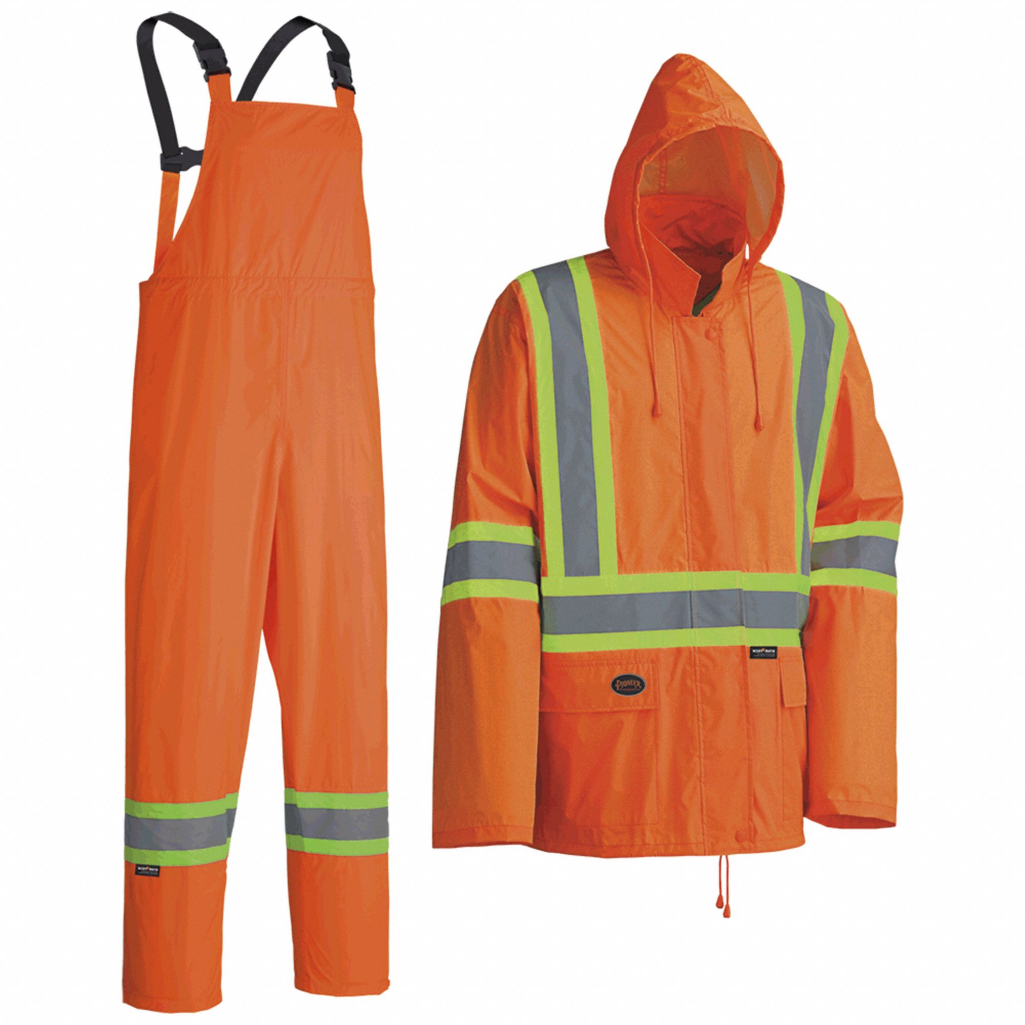 MEN'S RAIN SUIT, ORNG, L, POLYESTER/PVC, HI-VIS, RESISTS: WATER, HEAT-SEALED SEAMS