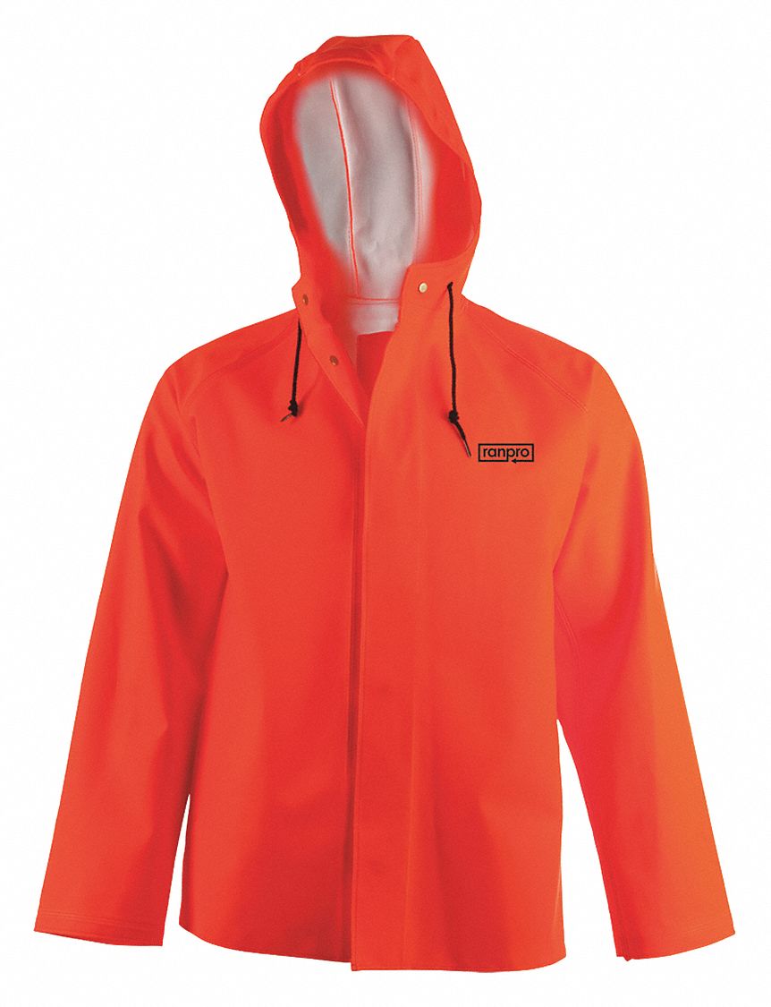 RAIN COAT, UNISEX, CHEMICAL/WIND RESISTANT, SIZE 3XL, ORANGE, PVC/POLYESTER/COTTON