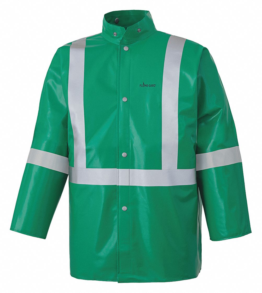 PROTECTIVE JACKET, FR, CHEMICAL-RESIST, CSA, SNAP CLOSURE, SZ S, GREEN, FR PVC/POLYESTER