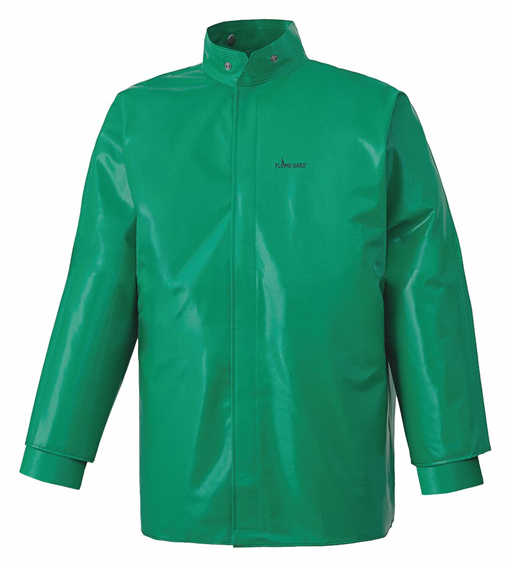 PROTECTIVE JACKET, FR, CHEMICAL/ACID RESIST, SNAP CLOSURE, SZ M, GREEN, FR PVC/POLYESTER