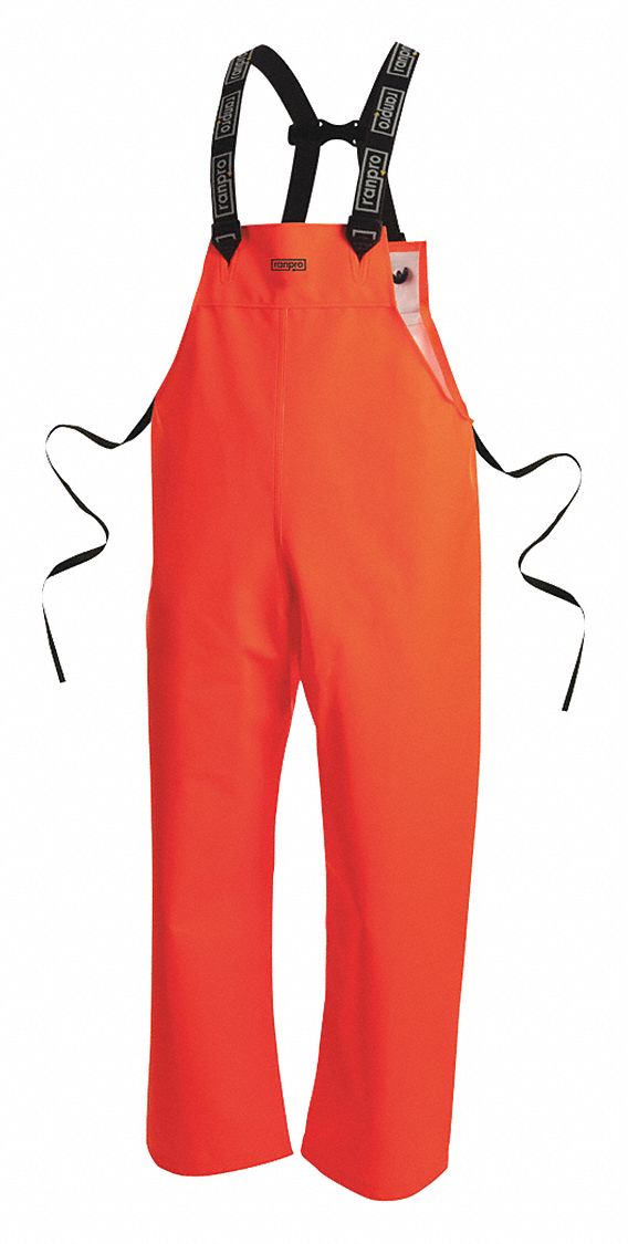 RAIN BIB OVERALL, UNISEX, CHEMICAL/WIND RESISTANT, SIZE LARGE, ORANGE, PVC/POLYESTER/COTTON