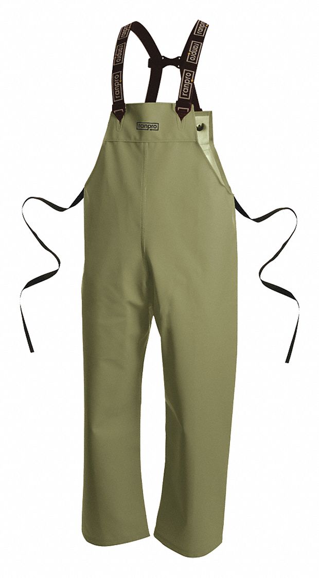 RAIN BIB OVERALL, UNISEX, CHEMICAL/WIND RESISTANT, SIZE SMALL, GREEN, PVC/POLYESTER/COTTON