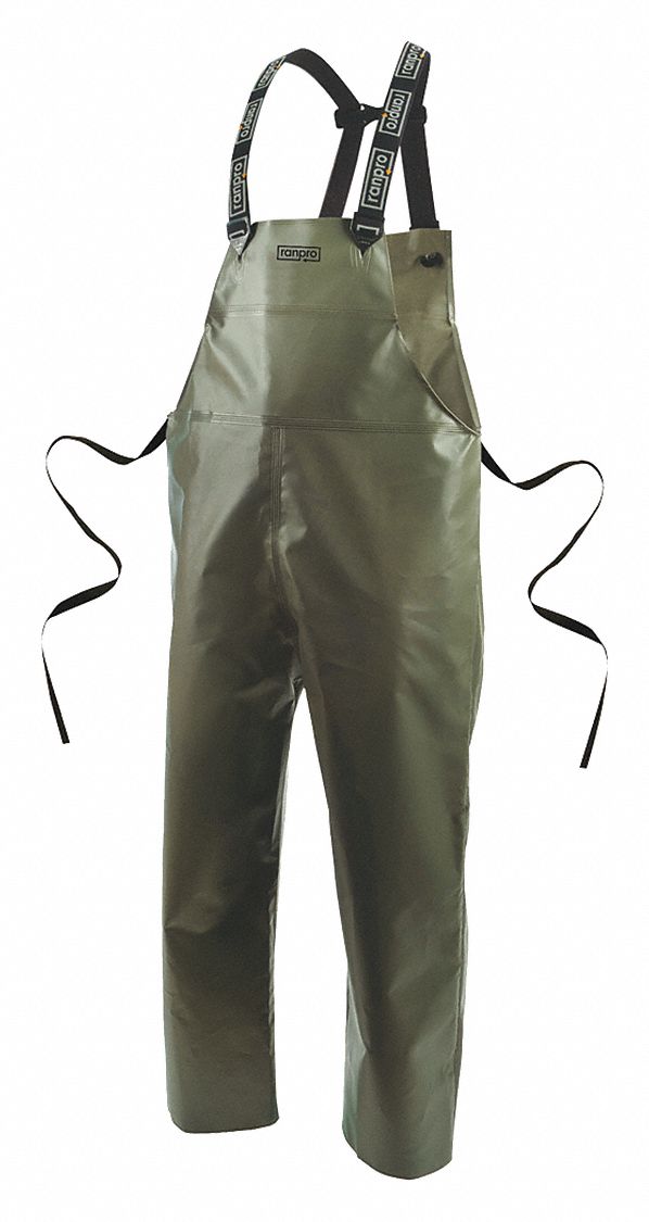 RAIN BIB OVERALL, UNISEX, COLD/WIND/CHEMICAL RESIST, SIZE XL, GREEN, 13 OZ, PVC/POLY