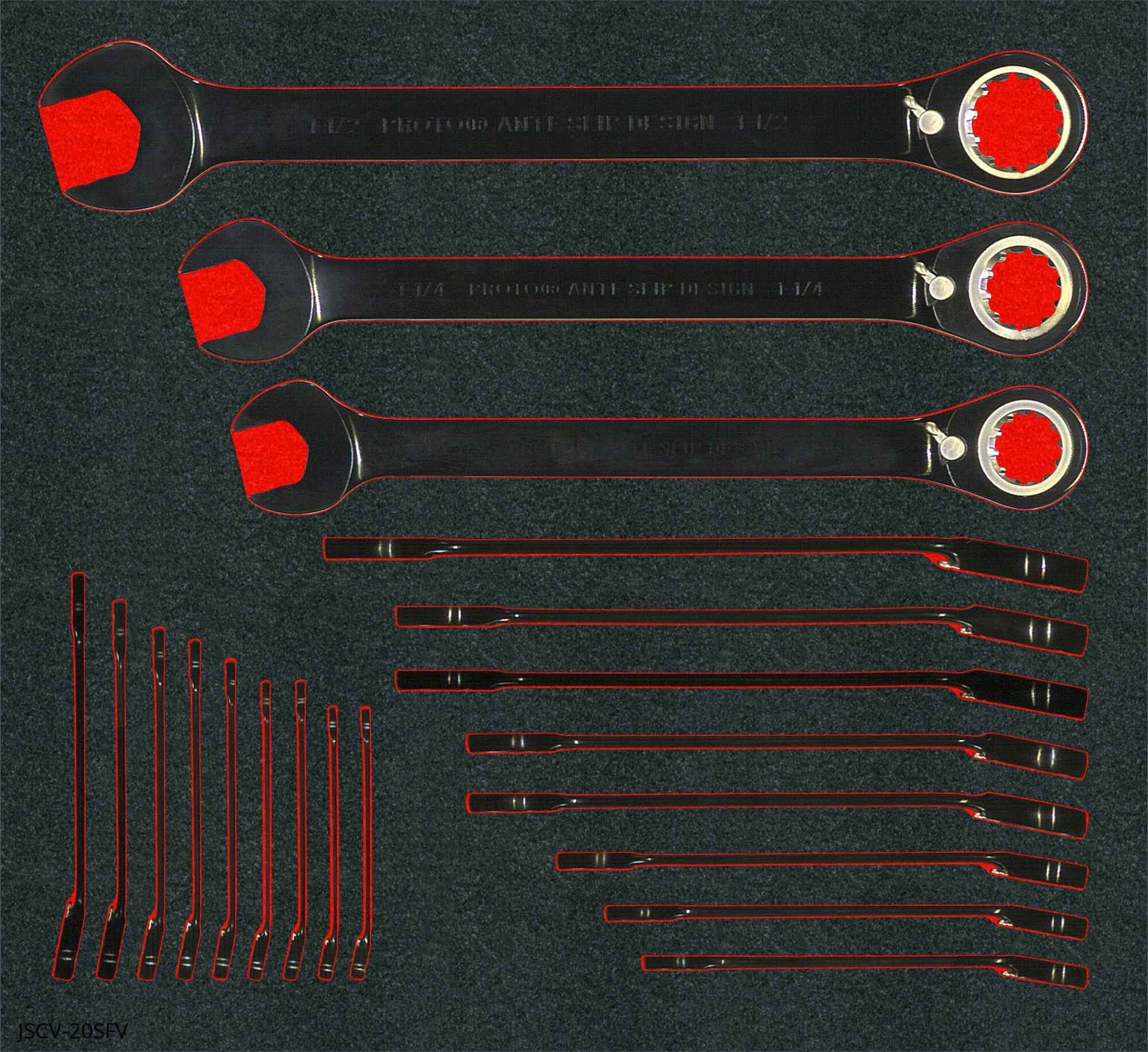 COMBINATION WRENCH, POLYETHYLENE, BLACK CHROME, 20 TOOLS, OFFSET, REVERSING, FOAM TRAY