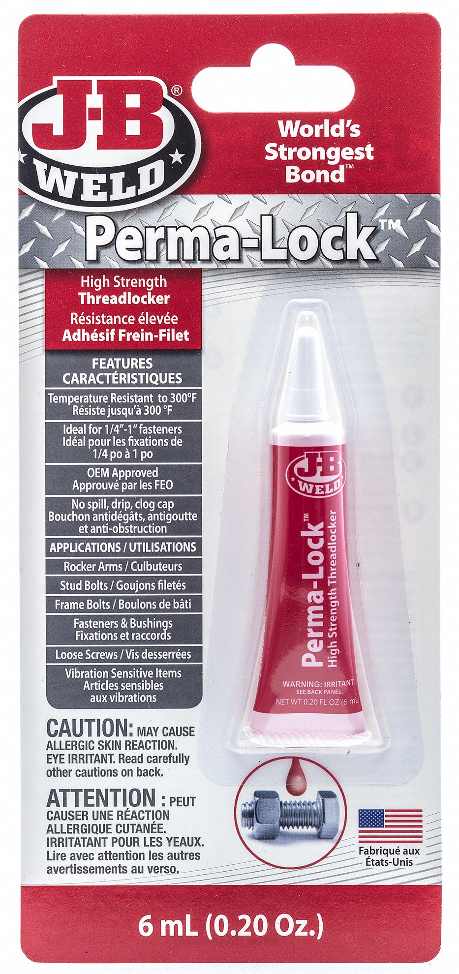 JB WELD THREADLOCKER, PERMALOCK, LIQUID, REMOVE W/ HEAT, RED, 6 ML, 1/