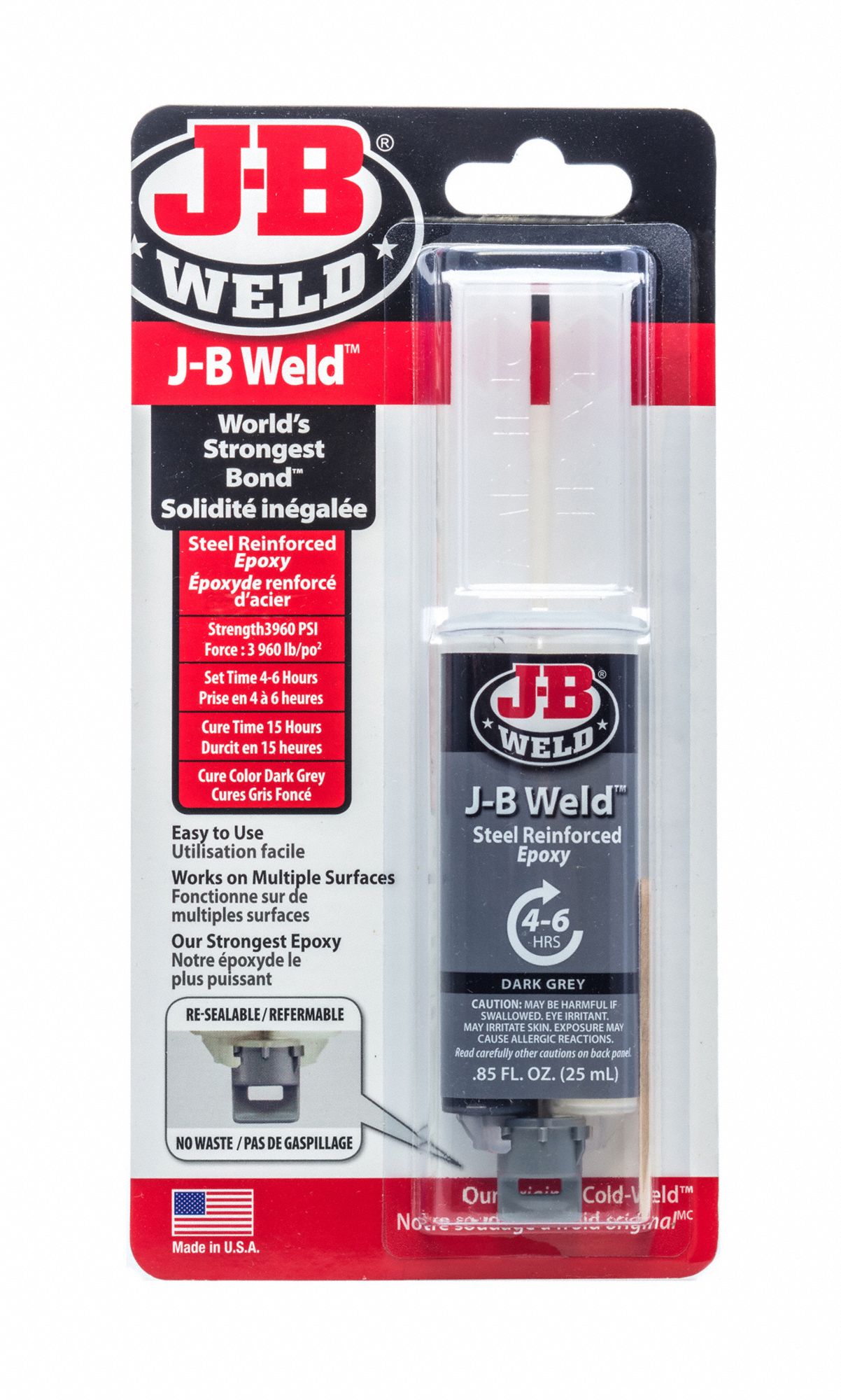 J-B WELD EPOXY ADHESIVE, SYRINGE, 15 TO 24 HR CURE, 4 TO 6 HR WORK TIME, 1.1 MIXING RATIO