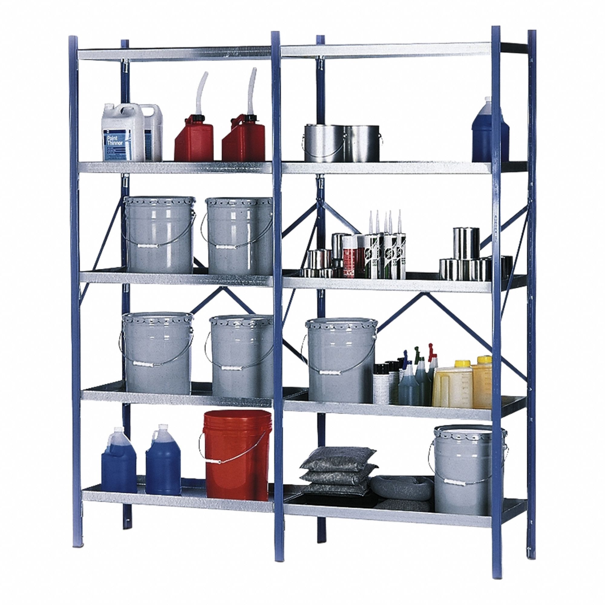 DENIOS Open Metal Shelving: Starter Unit, Heavy-Duty, 18 in x 74 1/2 in, 84 in Overall Ht, 8 Shelves (MPN K32-1104). Key specifications — Frame Material: Steel; Shelving Material: Steel; Assembled: Unassembled; Color: Blue; Shelving Configuration: Starter Unit; Brand: DENIOS.