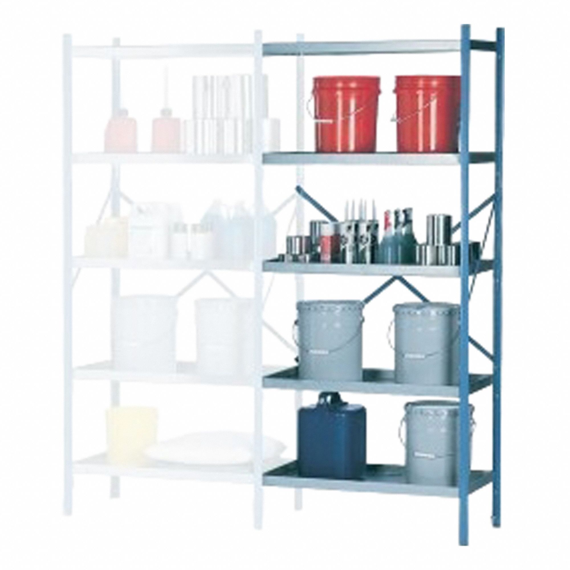 DENIOS Open Metal Shelving: Add-On Unit, Heavy-Duty, 18 in x 34 in, 84 in Overall Ht, 4 Shelves (MPN K32-1108). Key specifications — Frame Material: Steel; Shelving Material: Steel; Assembled: Unassembled; Color: Silver; Shelving Configuration: Add-On Unit; Brand: DENIOS.