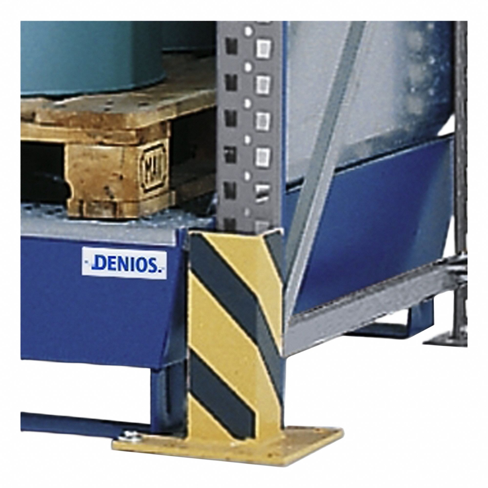 DENIOS Pallet Rack Upright Protector: Floor, Outside Right/Outside Left, 7 in x 7 in x 15 3/4 in (MPN K34-3901). Key specifications — Brand: DENIOS; Mounting Location: Outside Right; Outside Left; Color: Blue; Material: Steel.