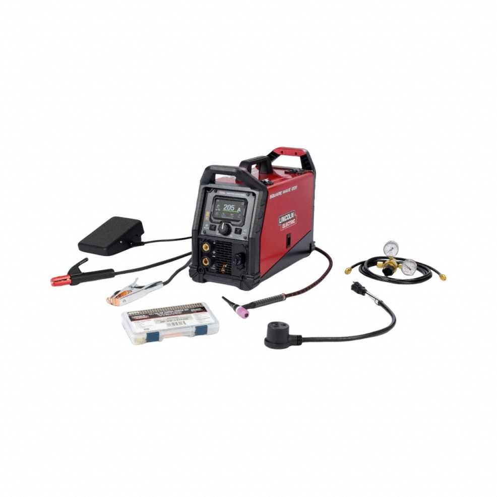 LINCOLN ELECTRIC TIG Welder: Square Wave 205, AC/DC, Stick/TIG Pack w/Foot Control (MPN K5613-1). Key specifications — Maximum Amperage (TIG): 205 A; Phase: Single-Phase; Input Frequency: 60 Hz; Rated Output at Duty Cycle (TIG) (Merch - Table Column, Filters): 85 A @ 100%; Input Voltage (Nominal) (Merch - Table Column, Filters): 120V.