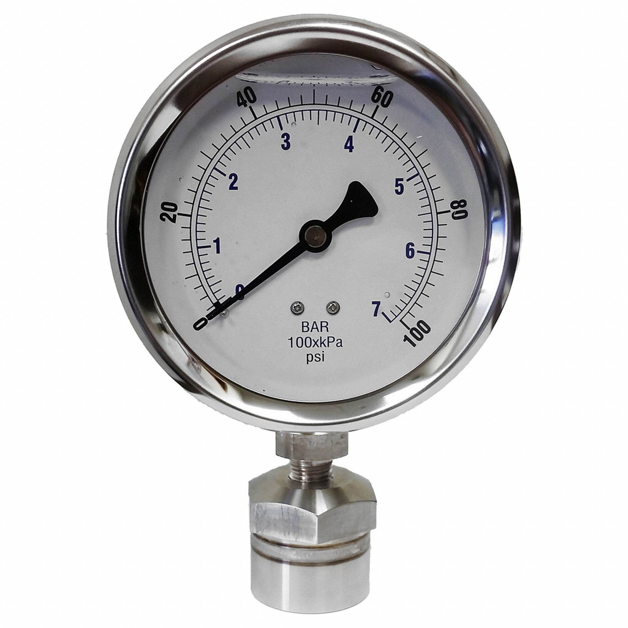 Pressure Gauge: 0 psi to 100 psi, KC301, 4 in Dial, 316 Stainless Steel, Mineral Oil