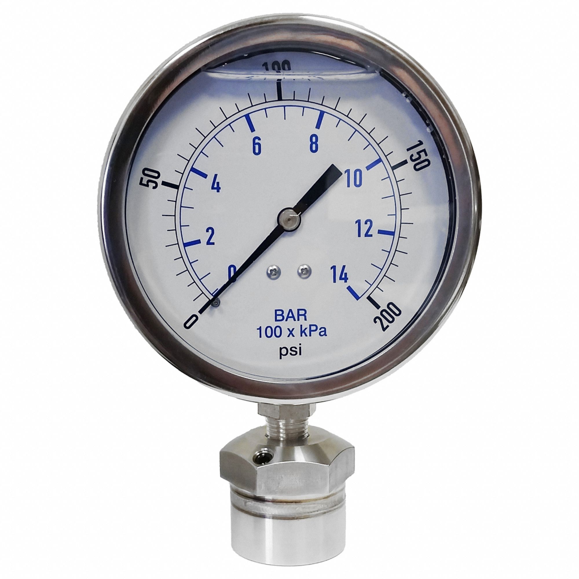 Pressure Gauge: 0 psi to 200 psi, KC301, 4 in Dial, 316 Stainless Steel, Mineral Oil