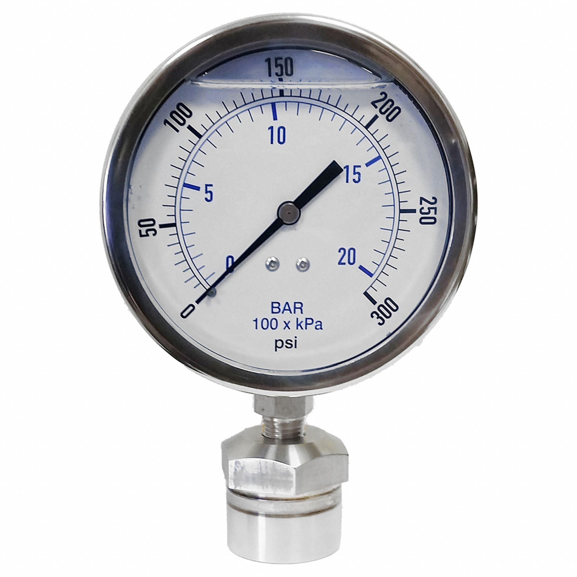 Pressure Gauge: 0 psi to 300 psi, KC301, 4 in Dial, 316 Stainless Steel, Mineral Oil