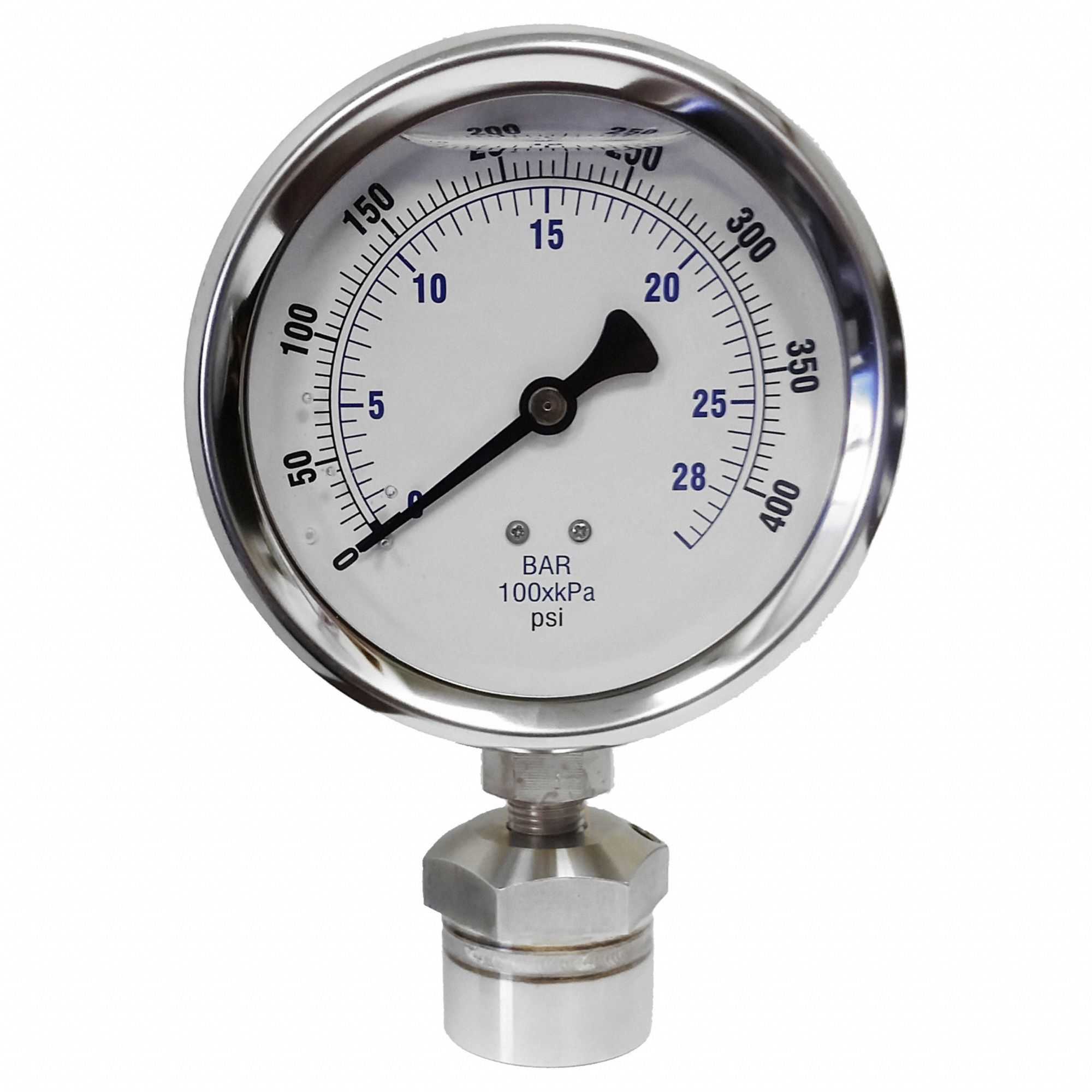 Pressure Gauge: 0 psi to 400 psi, KC301, 4 in Dial, 316 Stainless Steel, Mineral Oil