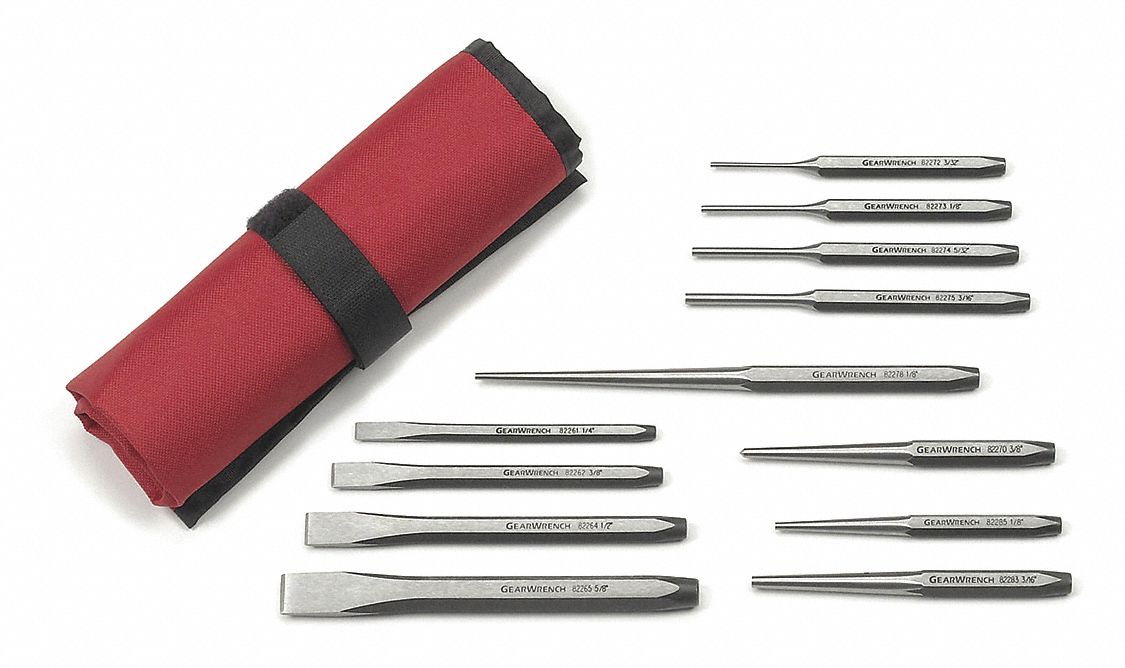 PUNCH AND CHISEL SET, 12 PIECES/NOT TETHER/CHISEL/PIN PUNCH/TAPER/CENTRE/STARTER/LONG, ALLOY STEEL