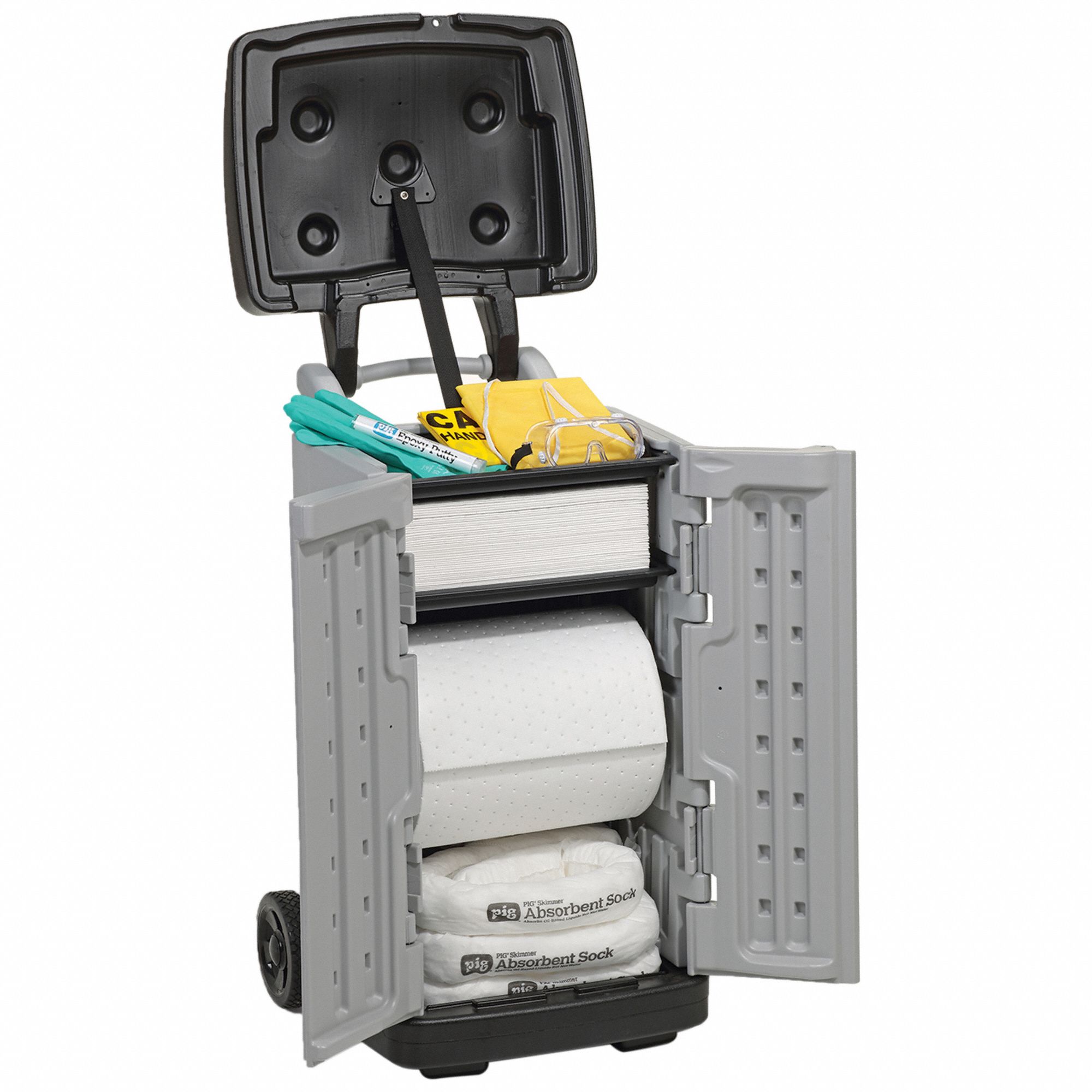 Spill Kit: 20 gal Volume Absorbed Per Kit, (1) Apron/(1) Pr Gloves/(1) Pr Goggles, Gray, Cart
