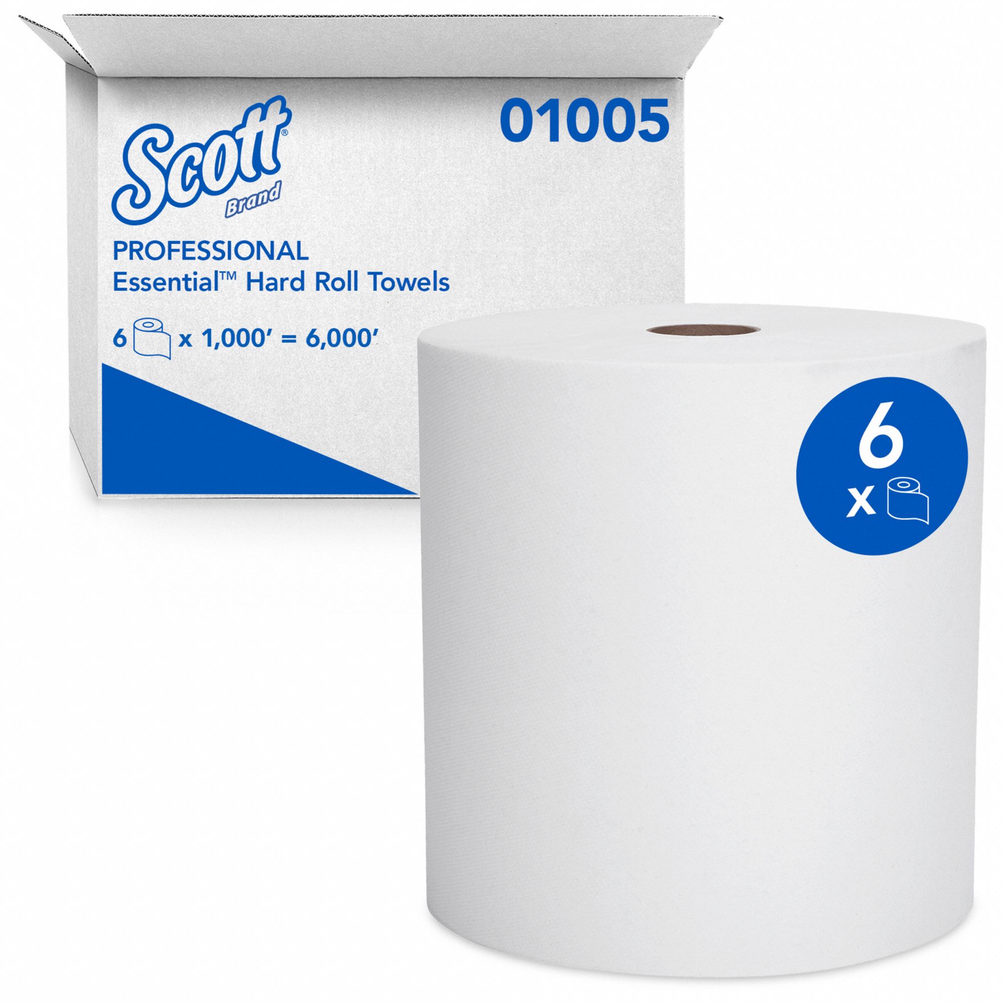 PAPER TOWEL ROLL, WHITE, 8 IN ROLL WIDTH, 1000 FT LENGTH, HARDWOUND, 6 PK