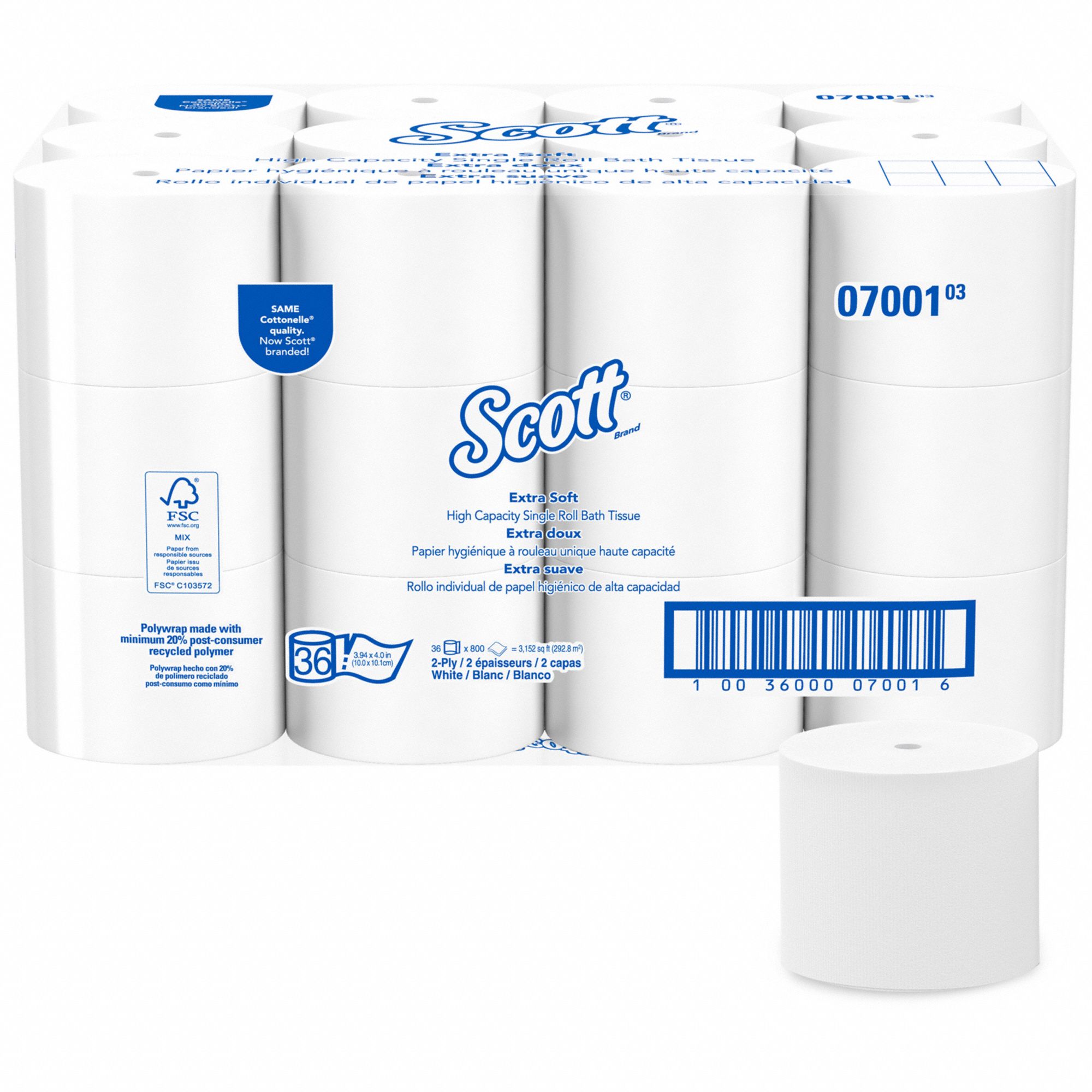 TOILET PAPER ROLL, CORELESS, 800 SHEETS, 2 PLY, WHITE, SHEET SIZE 4 X 4 IN, 36 PK