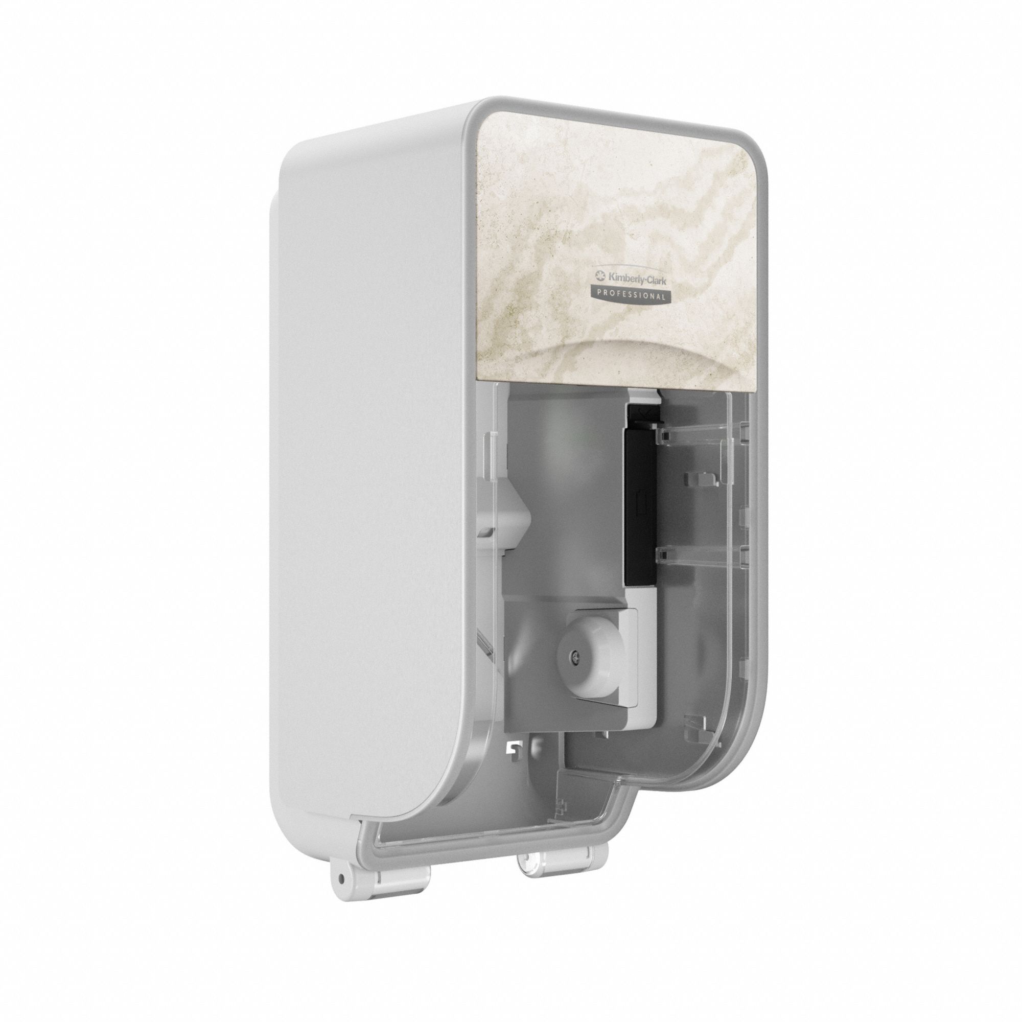 TOILET PAPER DISPENSER, HIGH CAPACITY, VERTICAL DOUBLE RL, PLASTIC, WARM MARBLE