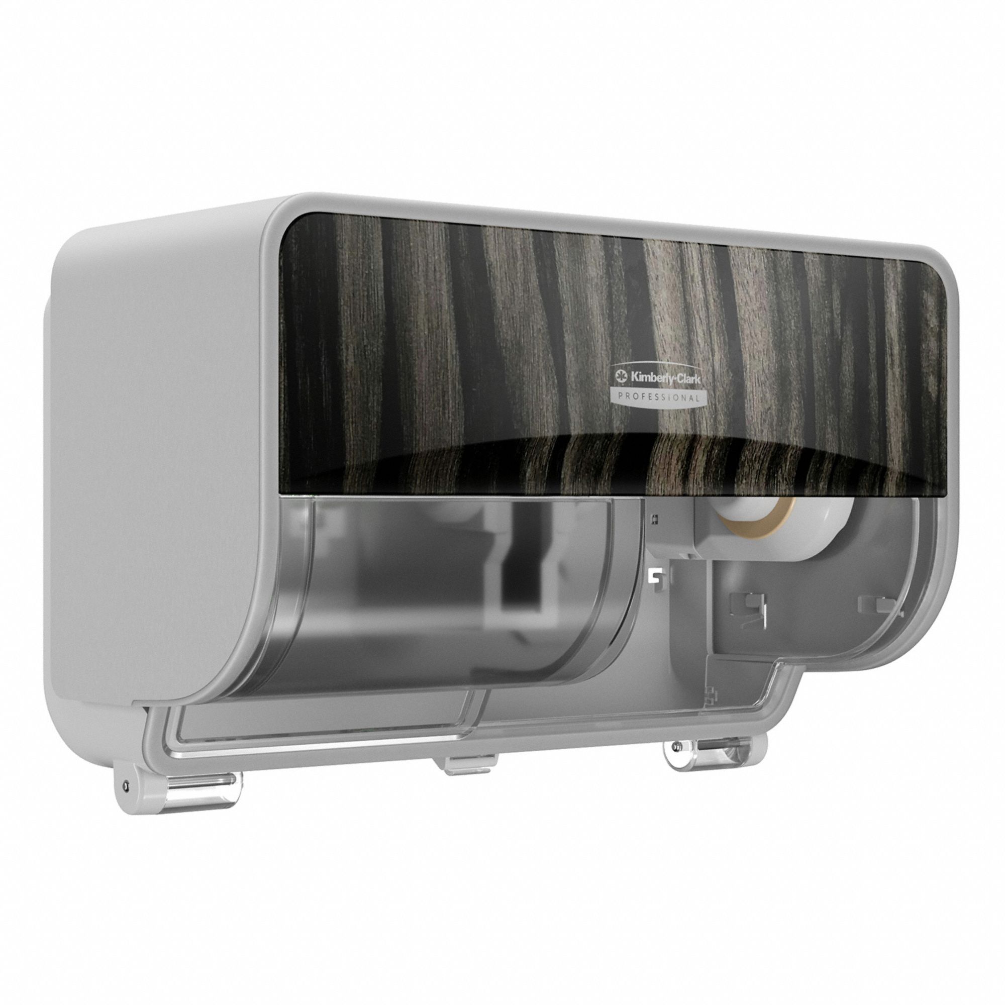 TOILET PAPER DISPENSER, HIGH CAPACITY, HORIZONTAL DOUBLE RL, PLASTIC, EBONY WOODGRAIN