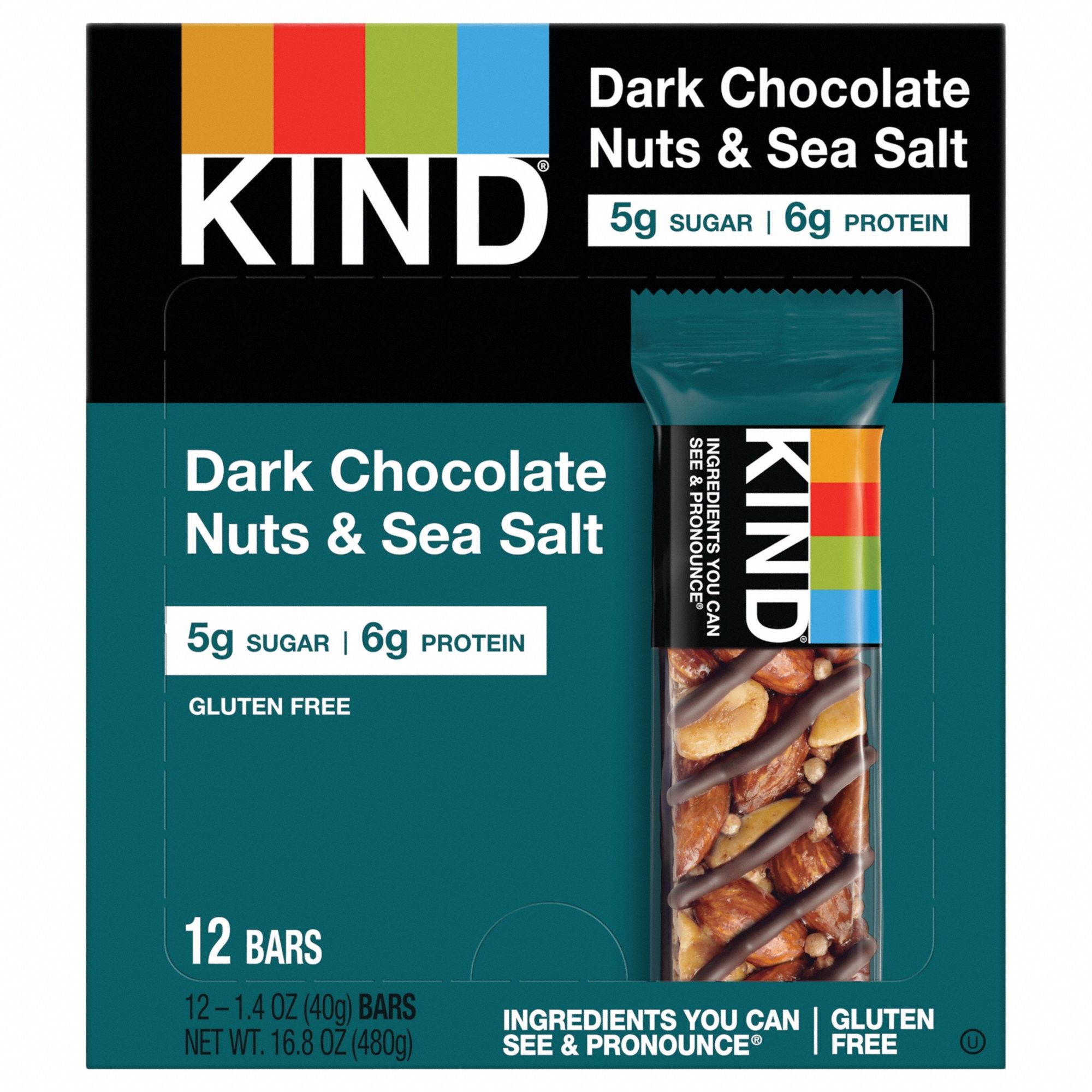 KIND Nuts and Spices Bar: Dark Chocolate Nuts with Sea Salt, 1.4 oz Size, 12 PK