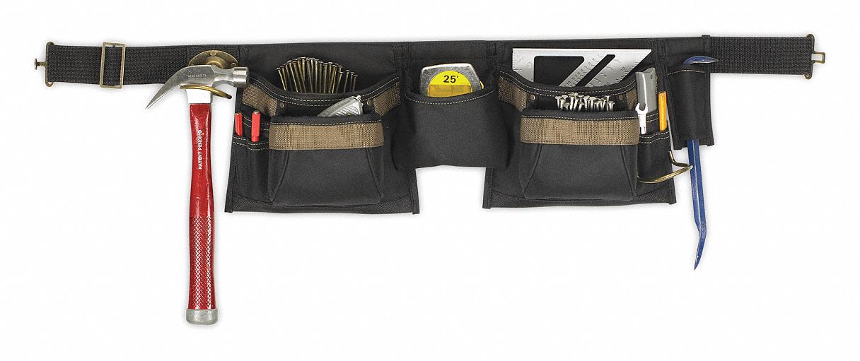12-POCKET TOOL APRON, BLACK, WAIST 29 TO 46 IN, BELT 2 IN, POLYESTER/NYLON