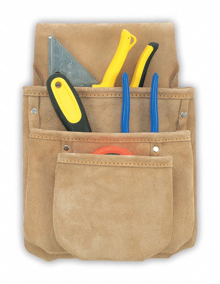 TOOL POUCH, DRYWALL, 3 POCKET, BEIGE, 10 X 16 1/2 IN, FITS 3 IN BELT, LEATHER, STEEL