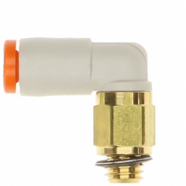 Push-Fit Elbow Fitting: 1/8 in OD x 5 mm Pipe Size, Push-to-Connect x Metric, Brass, White