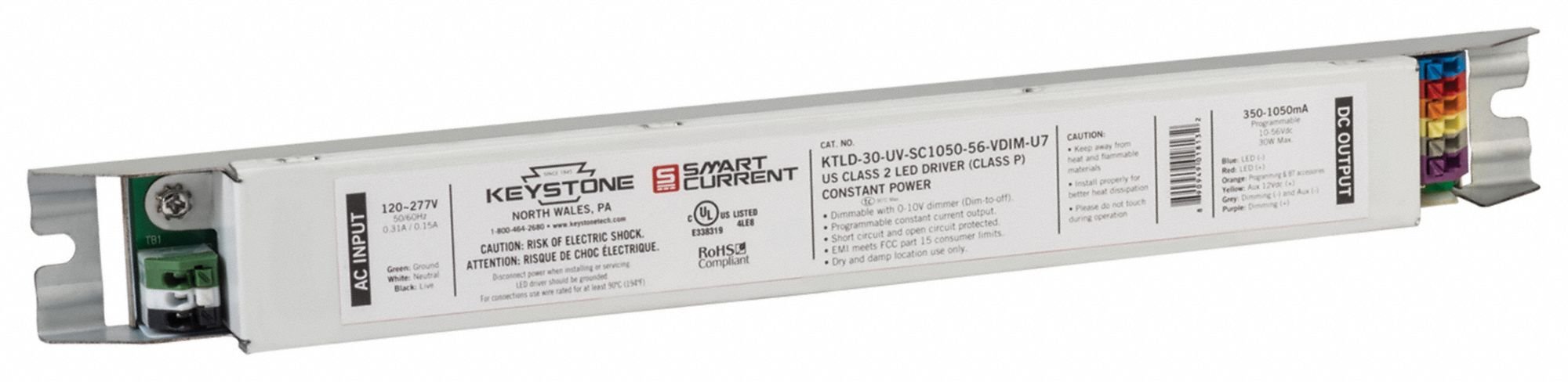 LED Driver: Class 2, 30 W Max. Power Output, 120 to 277V AC, 10 to 56V DC