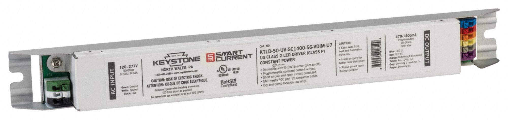 LED Driver: Class 2, 50 W Max. Power Output, 120 to 277V AC, 10 to 56V DC