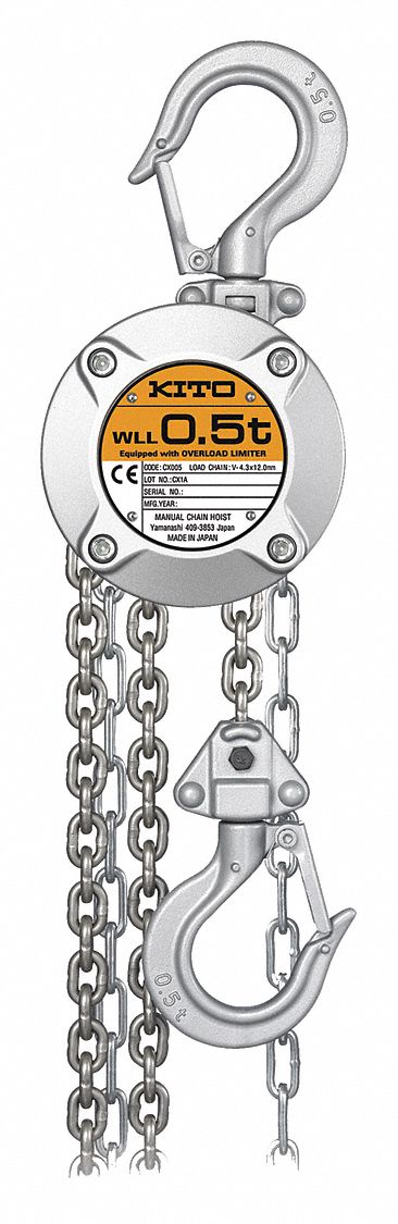 MANUAL CHAIN HOIST, 1/4 METRIC TON CAPACITY, 10 FT LIFT, 21 MM HOOK OPENING, 33 LBS PULL LOAD, AL