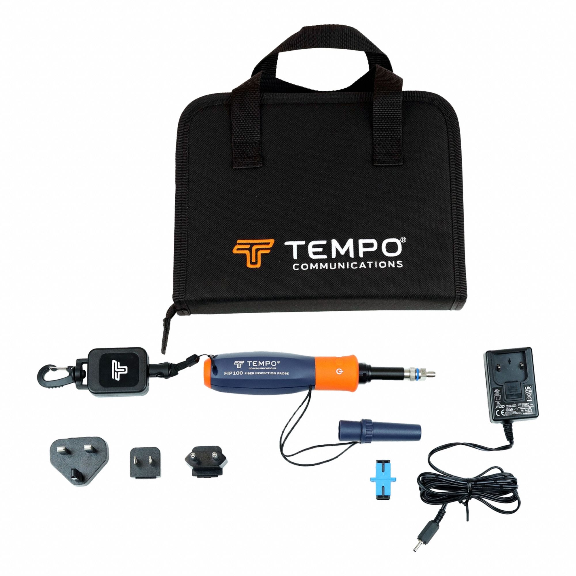TEMPO Fiber Optic Tester: SC/UPC, SC/UPC, No Display, Light, Multi-Mode/Single-Mode, 0°C Min Op Temp (MPN FIP100 KIT). Key specifications — Includes: Fiber inspection probe, SC/UPC bulkhead tip, SC/UPC bulkhead, power supply, quick reference card and carry case; Manufacturer Part Number: FIP100 KIT; Adapters Included: SC/UPC; Brand: TEMPO; Connector Type: SC/UPC; Features: Auto-Focus (≤3 sec) & Manual Focus; Testing Functions: Fiber Verification.