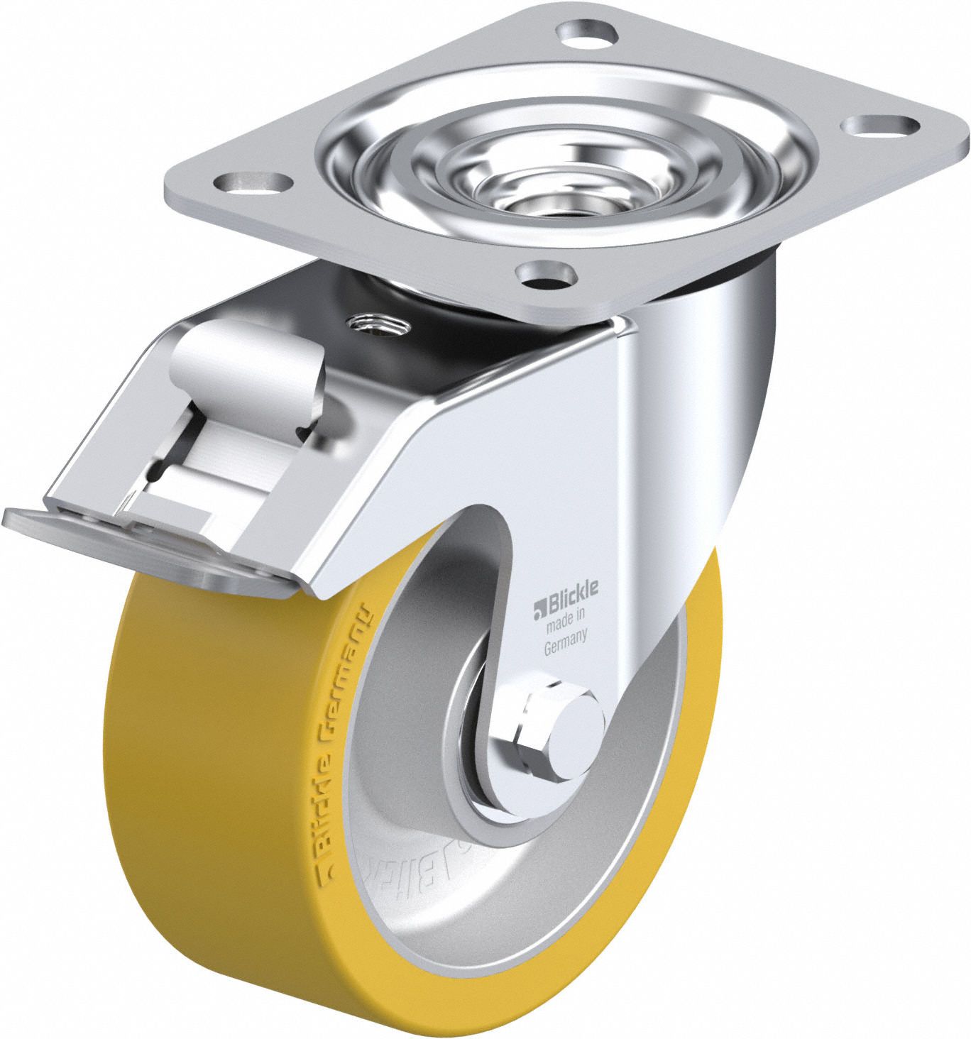 Plate Caster: Swivel, Total Lock, Polyurethane, 102 mm Wheel Dia, 40 mm Wheel Wd
