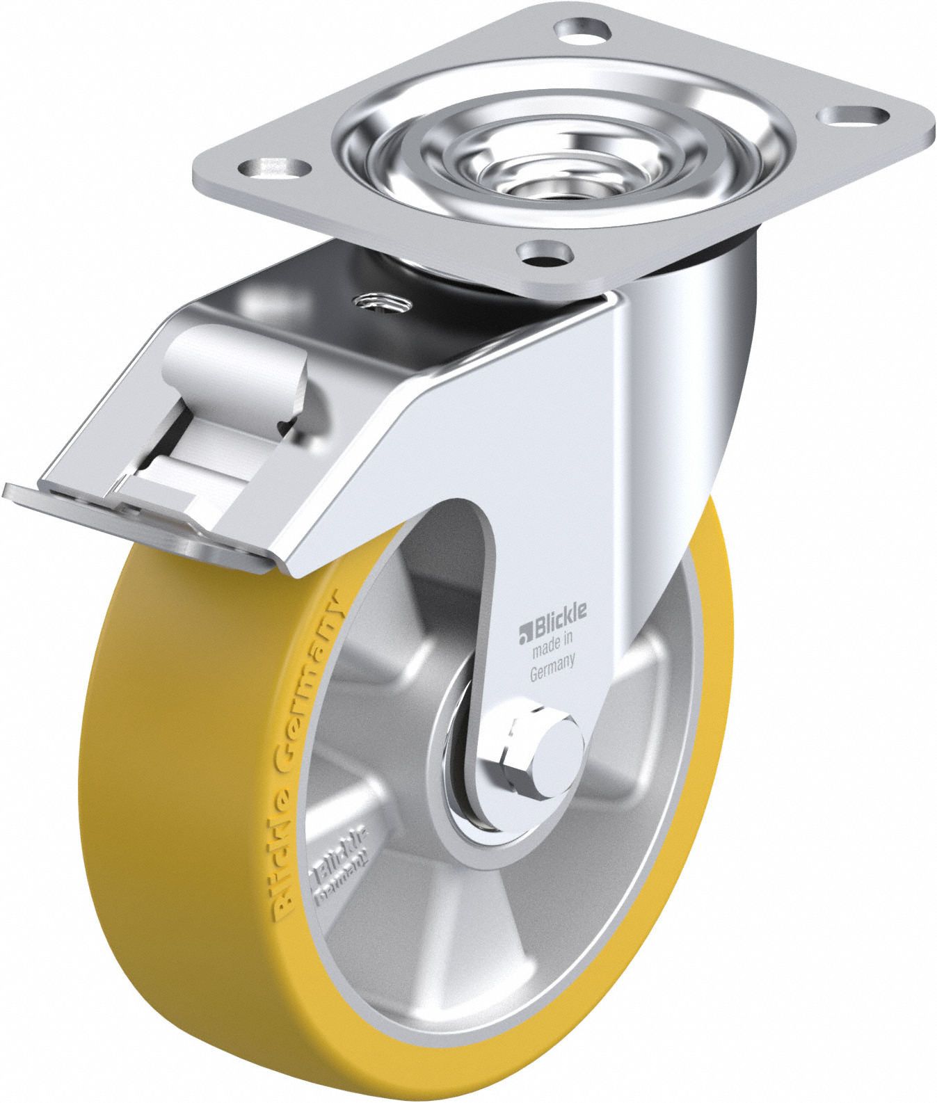 Plate Caster: Swivel, Total Lock, Polyurethane, 127 mm Wheel Dia, 40 mm Wheel Wd