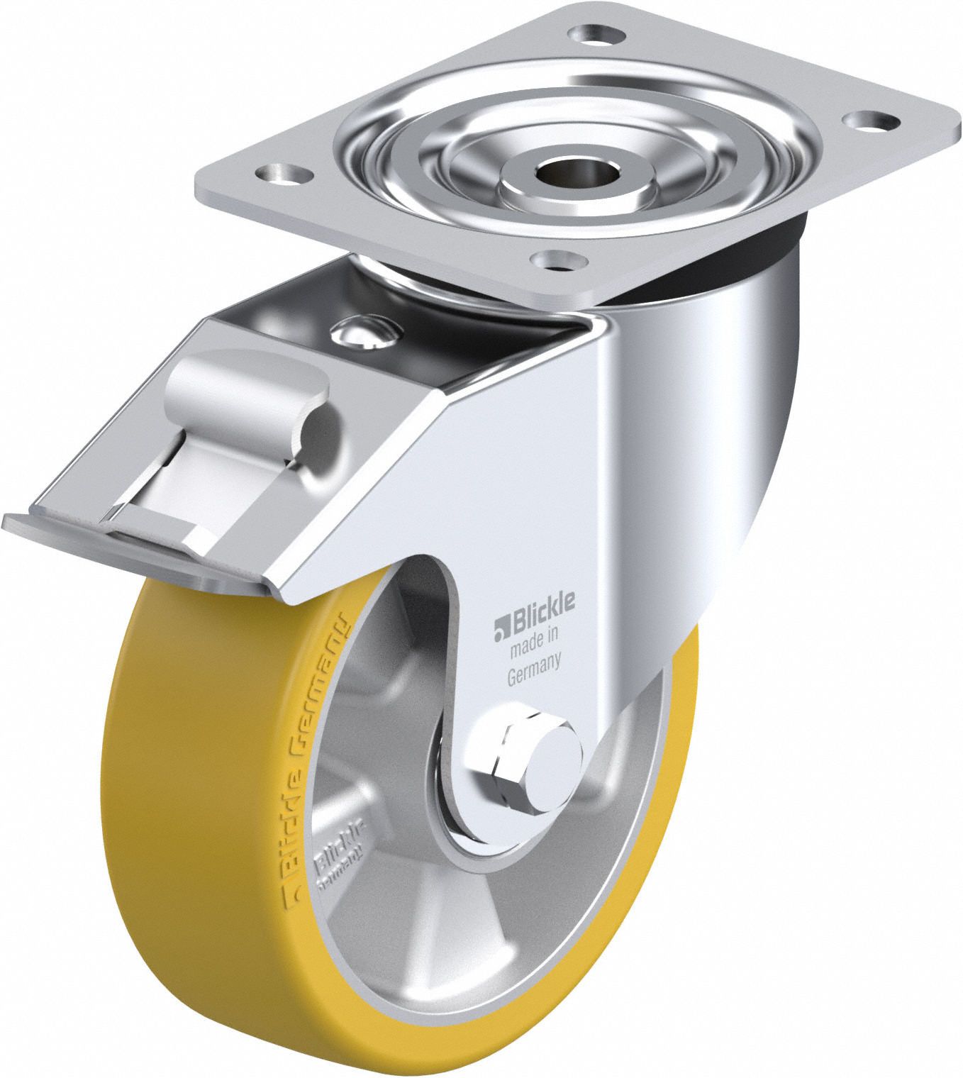 Plate Caster: Swivel, Total Lock, Polyurethane, 6 in Wheel Dia, 2 in Wheel Wd, Slot