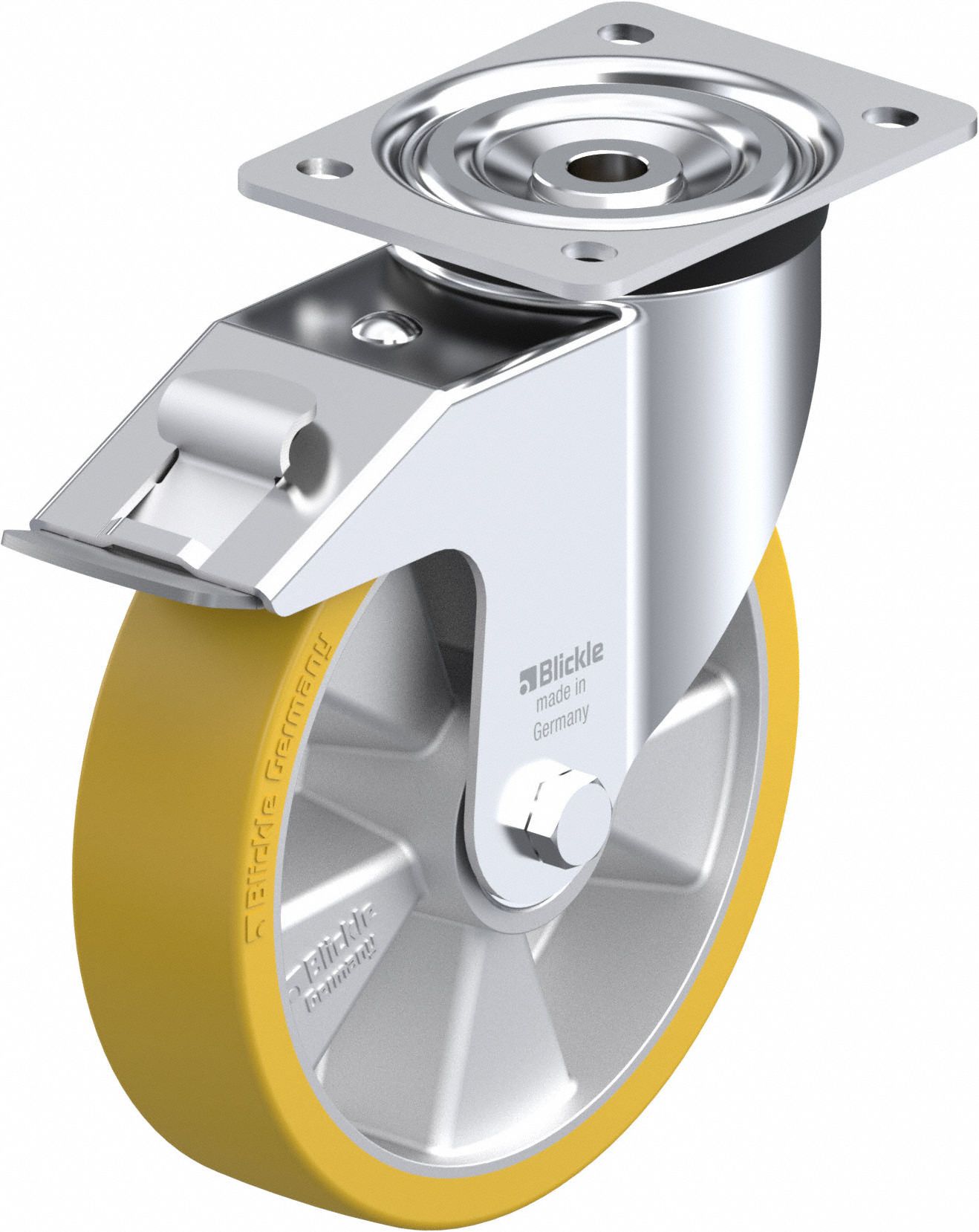 Plate Caster: Swivel, Total Lock, Polyurethane, 8 in Wheel Dia, 2 in Wheel Wd, Slot