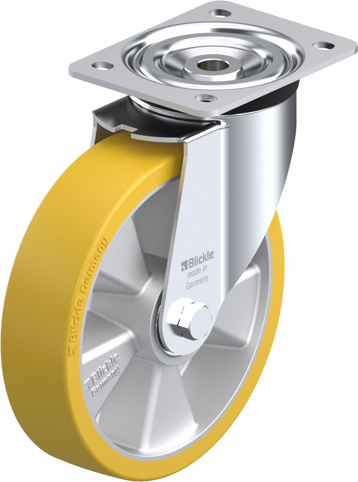 Plate Caster: Swivel, No Brake, Polyurethane, 8 in Wheel Dia, 2 in Wheel Wd, Slot