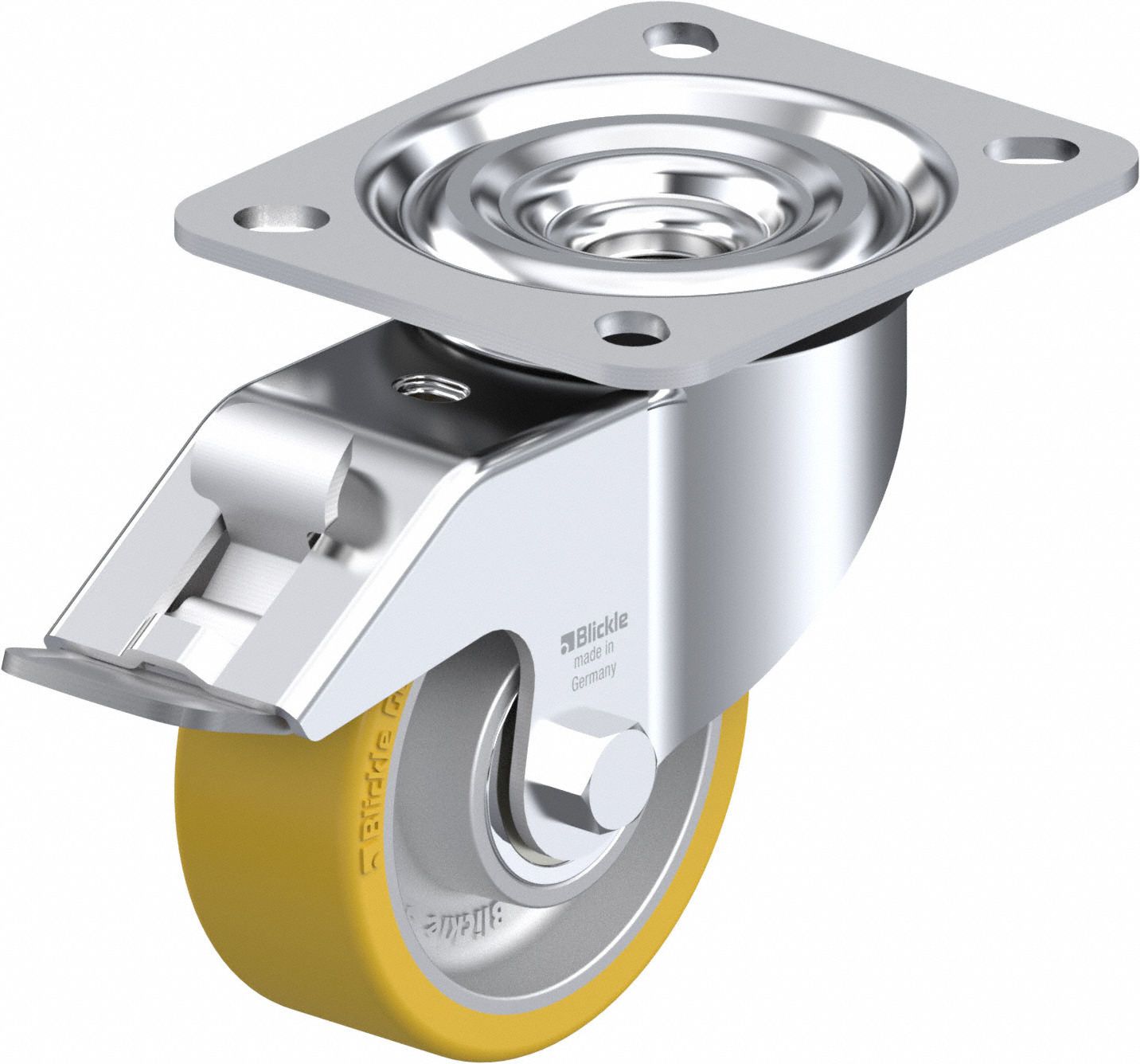Plate Caster: Swivel, Total Lock, Polyurethane, 79 mm Wheel Dia, 30 mm Wheel Wd