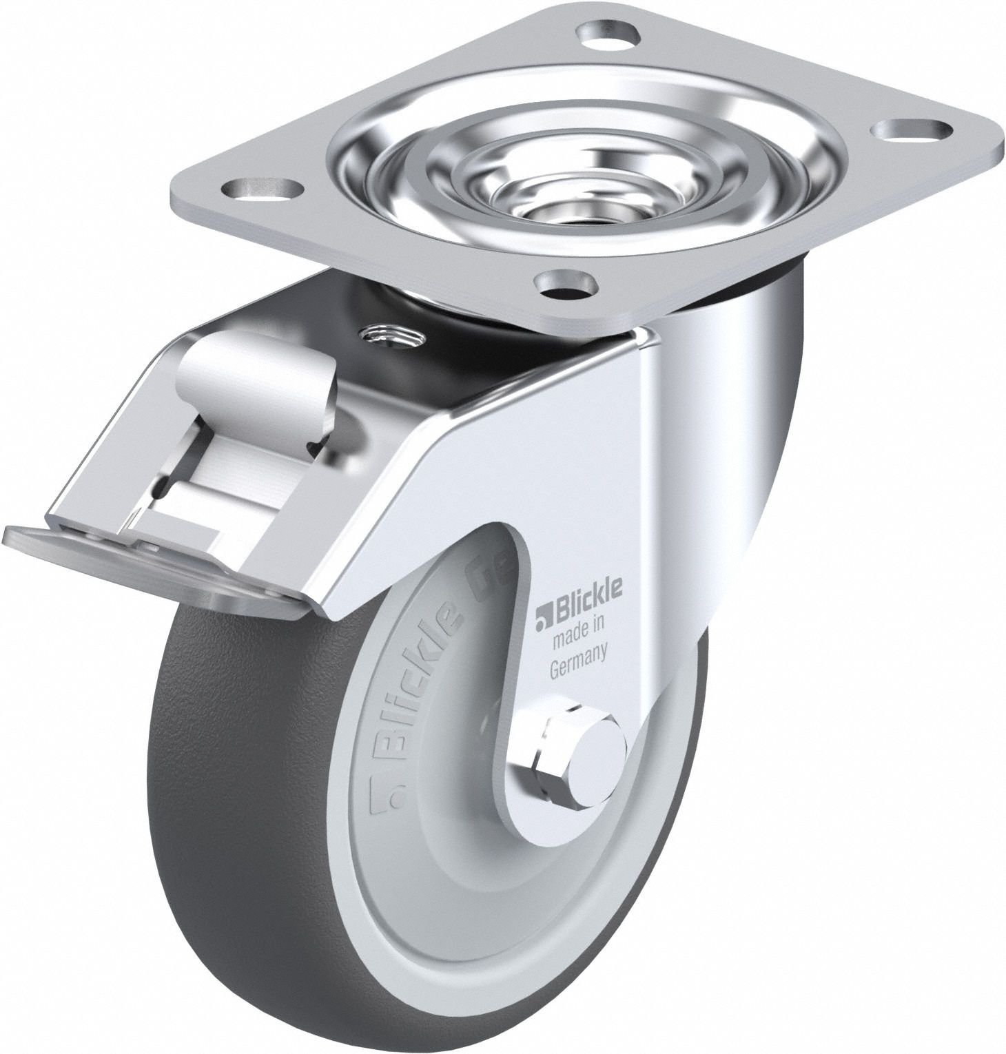 Plate Caster: Swivel, Total Lock, Polyurethane, 102 mm Wheel Dia, 32 mm Wheel Wd