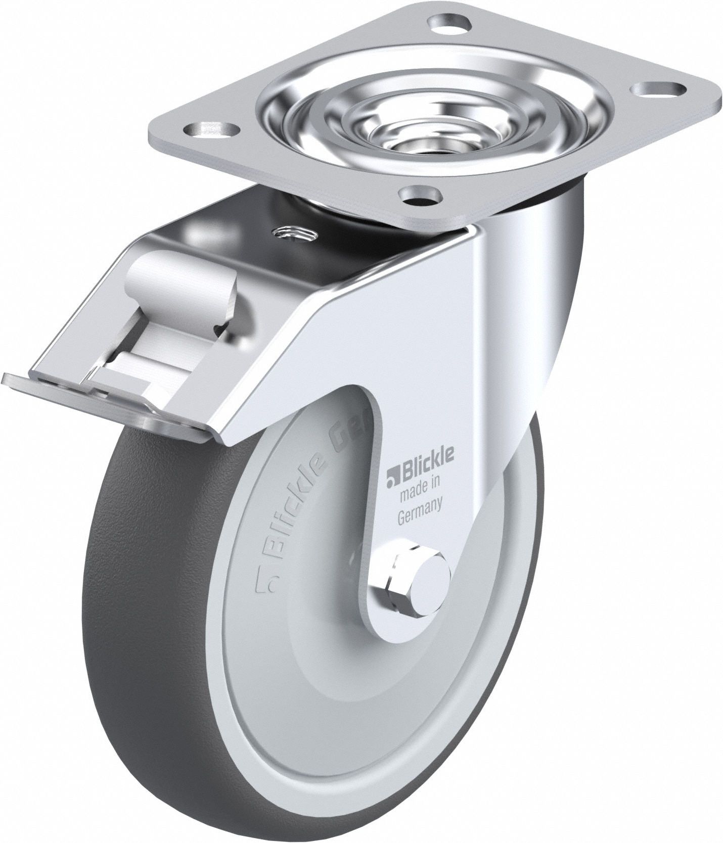 Plate Caster: Swivel, Total Lock, Polyurethane, 127 mm Wheel Dia, 32 mm Wheel Wd