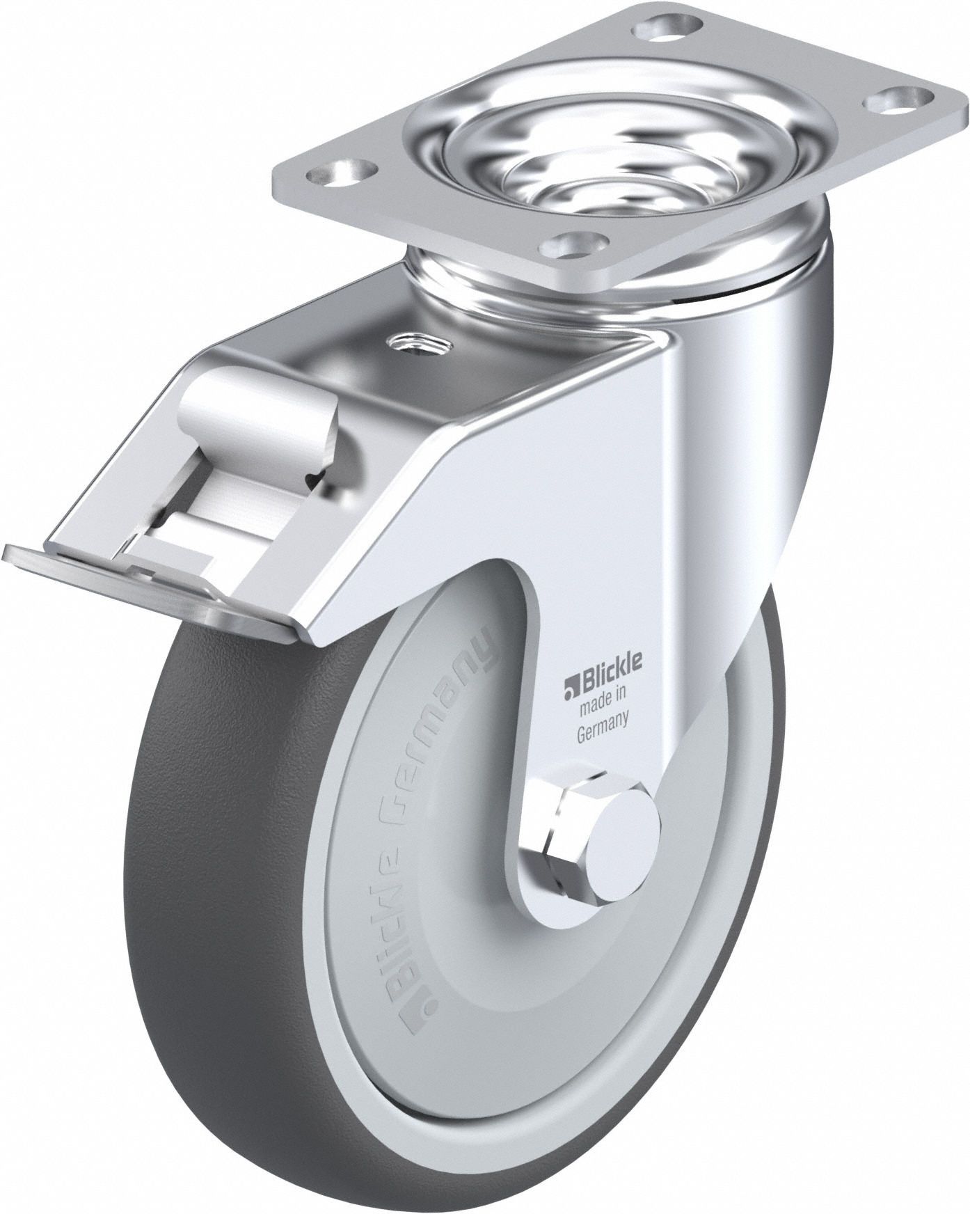 Plate Caster: Swivel, Total Lock, Polyurethane, 5 in Wheel Dia, 1 1/4 in Wheel Wd