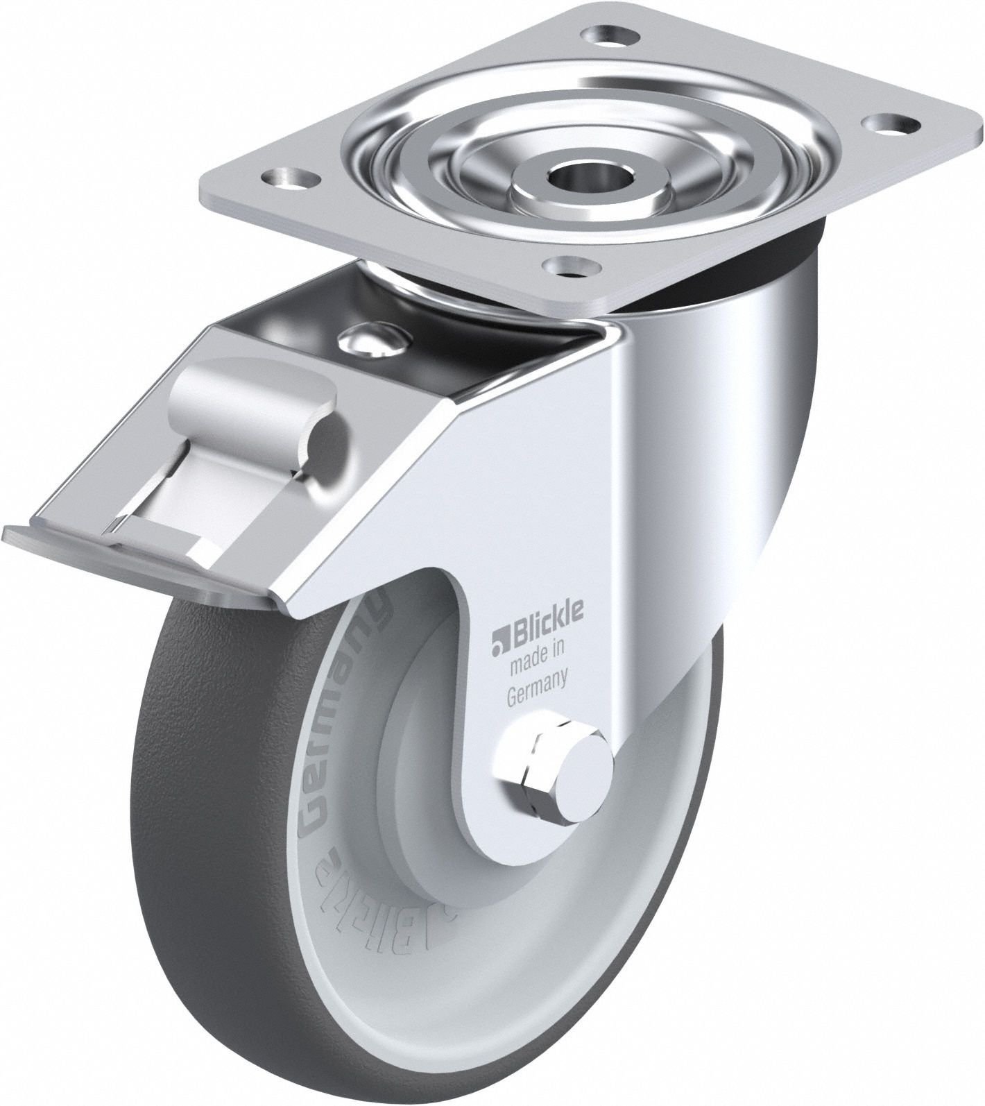 Plate Caster: Swivel, Total Lock, Polyurethane, 6 5/16 in Wheel Dia, Slot, Rectangle
