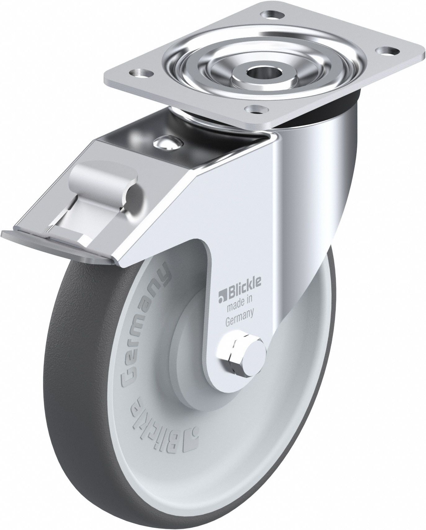 Plate Caster: Swivel, Total Lock, Polyurethane, 8 in Wheel Dia, 1 9/16 in Wheel Wd